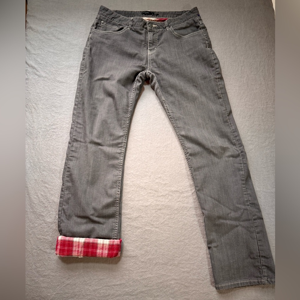 prAna Womens Grey Jeans Red Plaid Flannel Lined Boyfriend Size 10